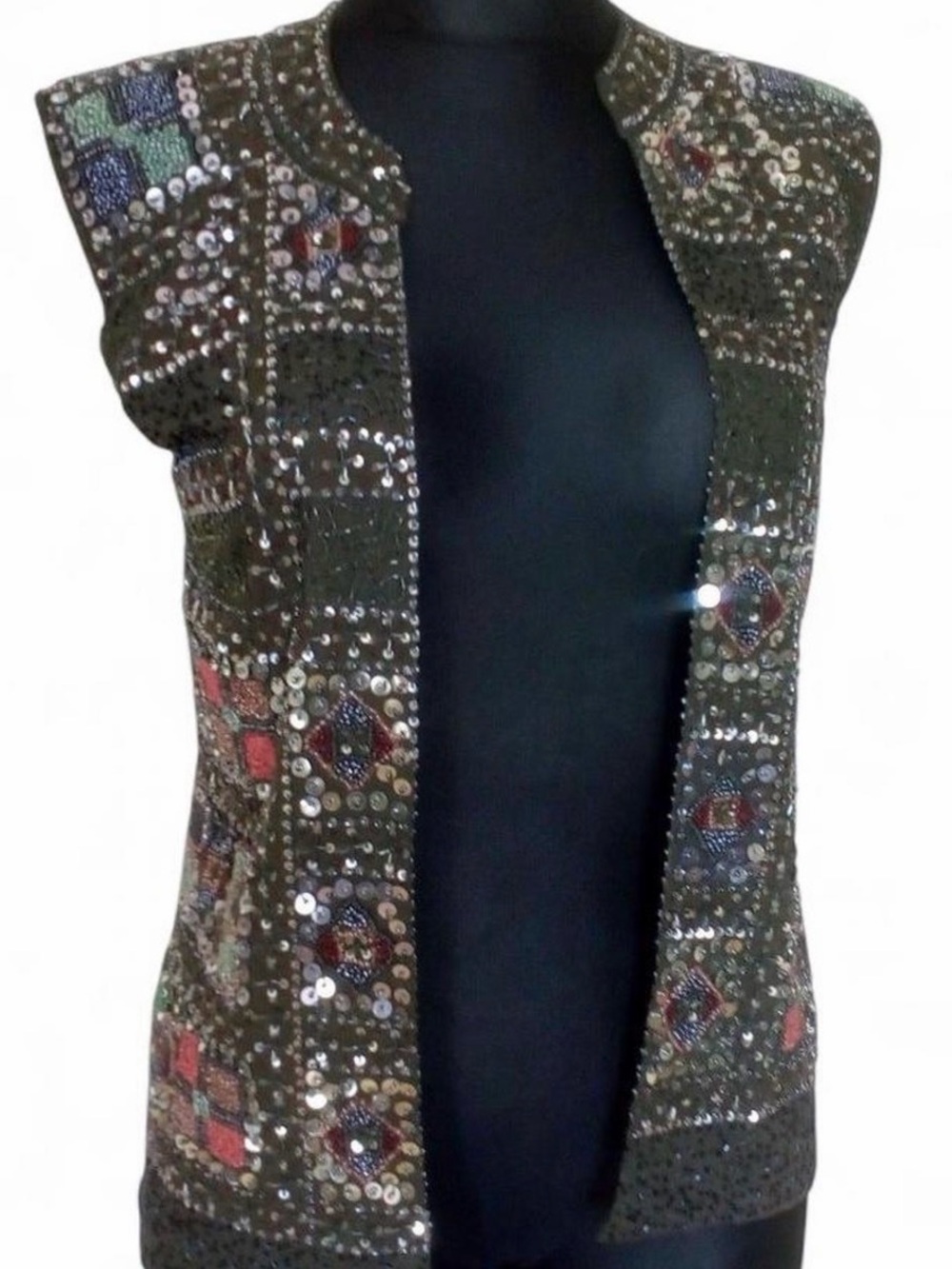 ZARA Embellished Beaded Sequined Olive Green Vest
